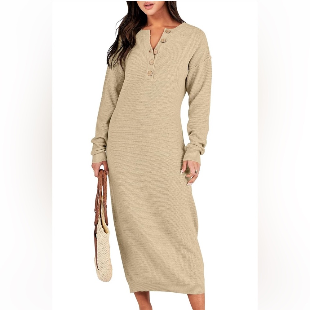 Tan Knit Long Sleeve Dress